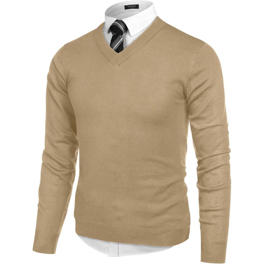 imageCOOFANDY Mens V Neck Dress Sweater Knit Long Sleeve Slim Fit Sweaters Fashion Pullover SweaterCreamcolored