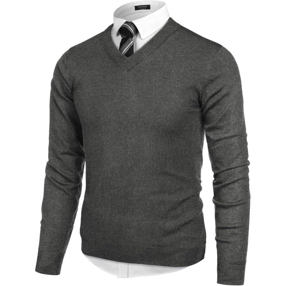 imageCOOFANDY Mens V Neck Dress Sweater Knit Long Sleeve Slim Fit Sweaters Fashion Pullover SweaterDark Gray