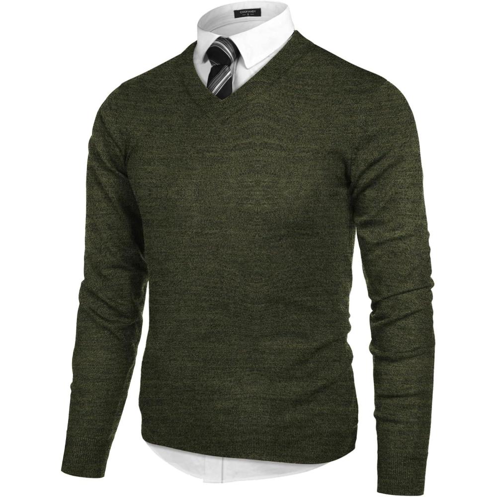 imageCOOFANDY Mens V Neck Dress Sweater Knit Long Sleeve Slim Fit Sweaters Fashion Pullover SweaterDeep Army Green