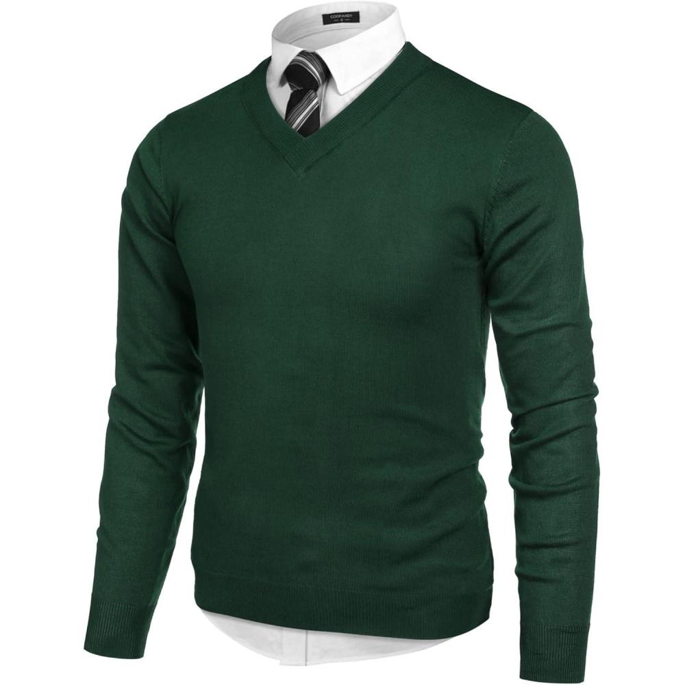 imageCOOFANDY Mens V Neck Dress Sweater Knit Long Sleeve Slim Fit Sweaters Fashion Pullover SweaterGreen