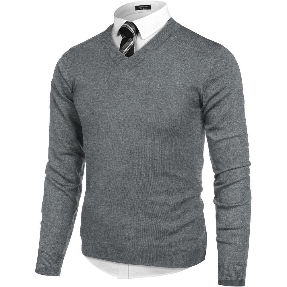 imageCOOFANDY Mens V Neck Dress Sweater Knit Long Sleeve Slim Fit Sweaters Fashion Pullover SweaterGrey