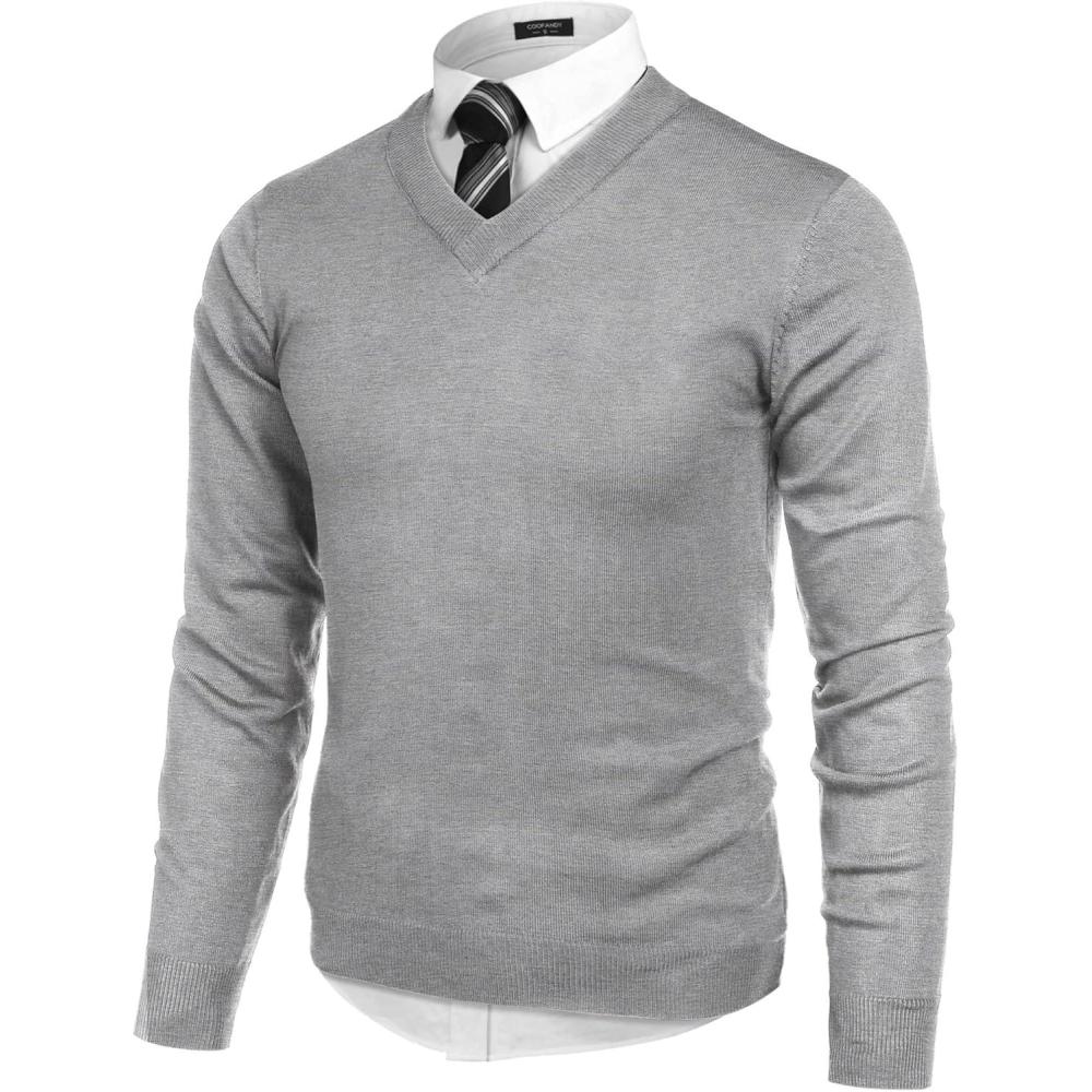imageCOOFANDY Mens V Neck Dress Sweater Knit Long Sleeve Slim Fit Sweaters Fashion Pullover SweaterLight Grey