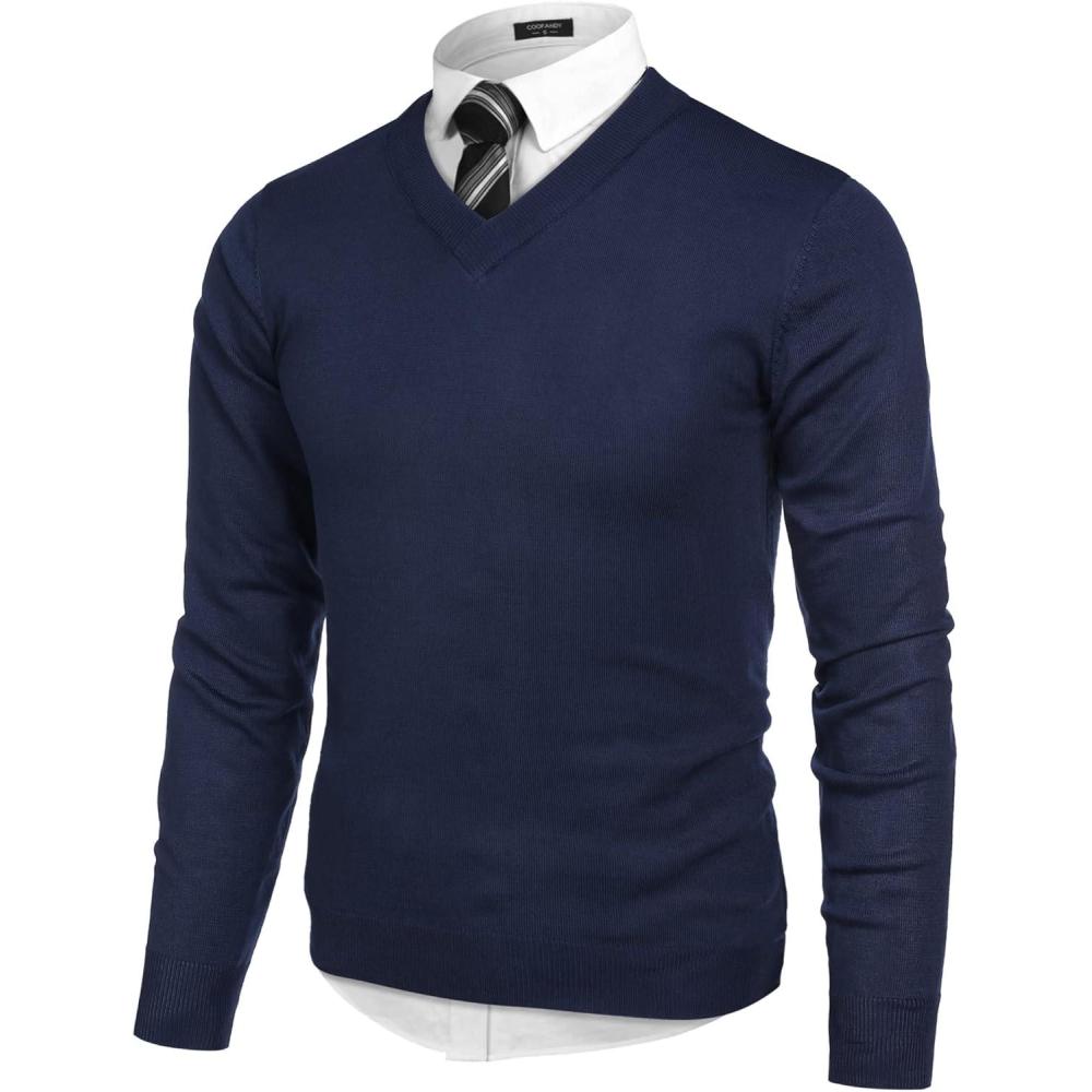 imageCOOFANDY Mens V Neck Dress Sweater Knit Long Sleeve Slim Fit Sweaters Fashion Pullover SweaterNavy Blue