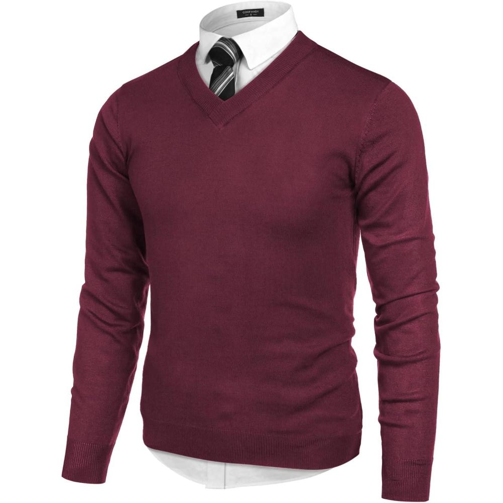 imageCOOFANDY Mens V Neck Dress Sweater Knit Long Sleeve Slim Fit Sweaters Fashion Pullover SweaterPurplish Red
