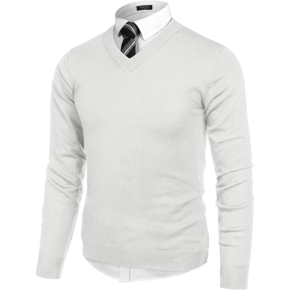 imageCOOFANDY Mens V Neck Dress Sweater Knit Long Sleeve Slim Fit Sweaters Fashion Pullover SweaterWhite