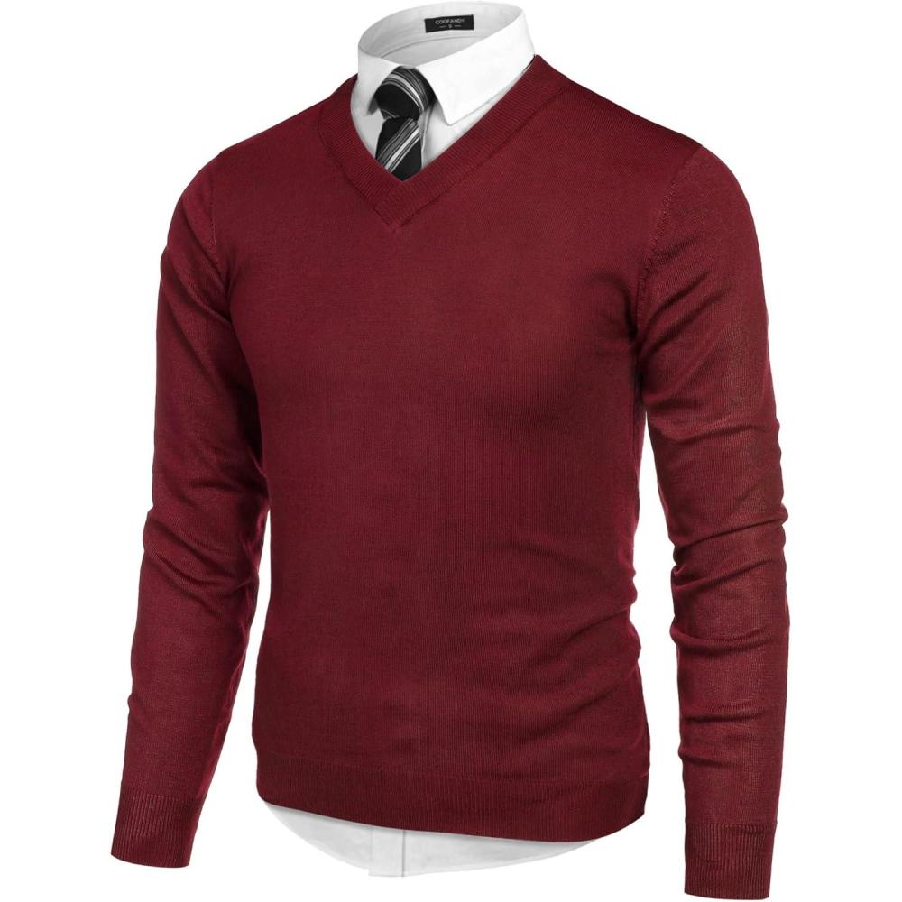 imageCOOFANDY Mens V Neck Dress Sweater Knit Long Sleeve Slim Fit Sweaters Fashion Pullover SweaterWine Red