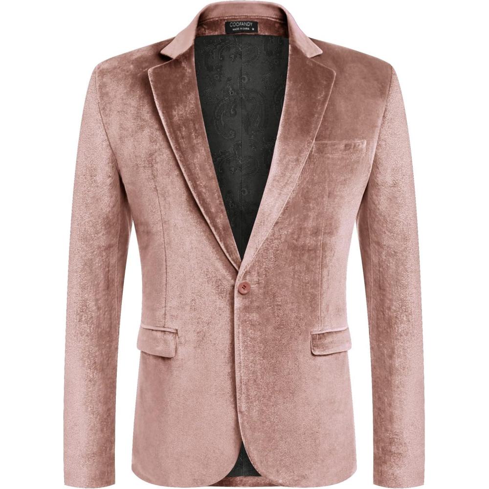 imageCOOFANDY Mens Velvet Blazer Notched Lapel Velour Suit Jacket One Button Tuxedo Jackets for Wedding Prom Party DinnerBeige Pink