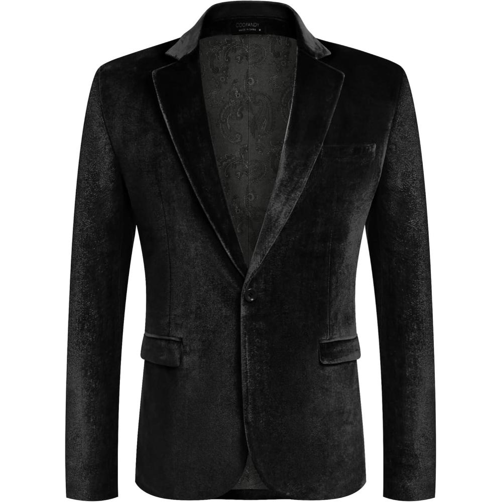imageCOOFANDY Mens Velvet Blazer Notched Lapel Velour Suit Jacket One Button Tuxedo Jackets for Wedding Prom Party DinnerBlack