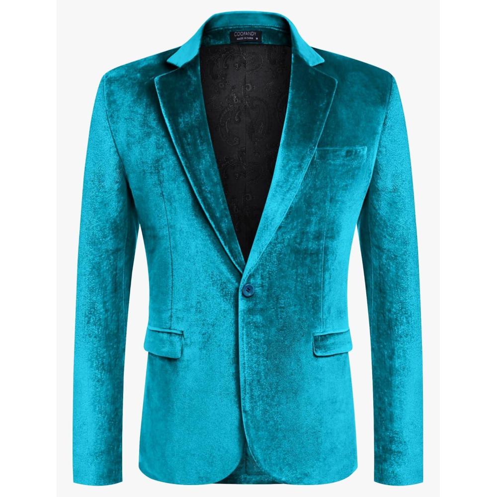 imageCOOFANDY Mens Velvet Blazer Notched Lapel Velour Suit Jacket One Button Tuxedo Jackets for Wedding Prom Party DinnerBlue Green