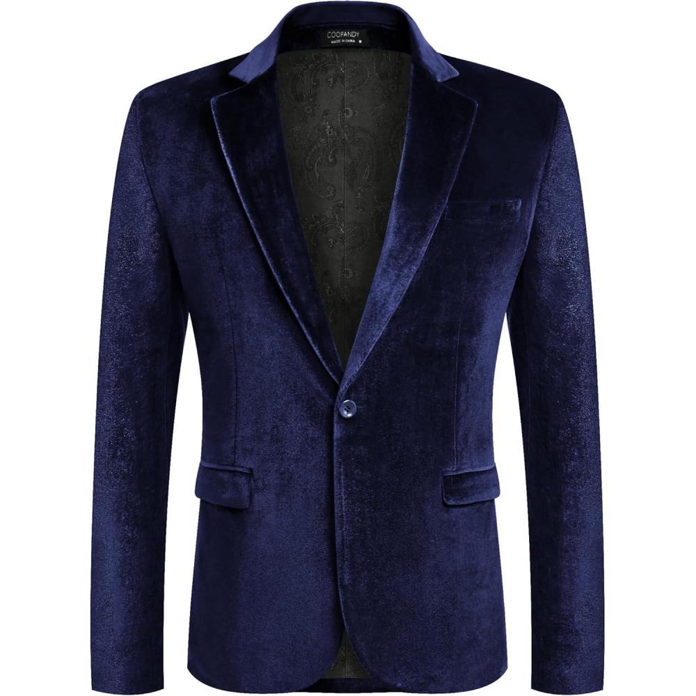 imageCOOFANDY Mens Velvet Blazer Notched Lapel Velour Suit Jacket One Button Tuxedo Jackets for Wedding Prom Party DinnerDark Blue Purple