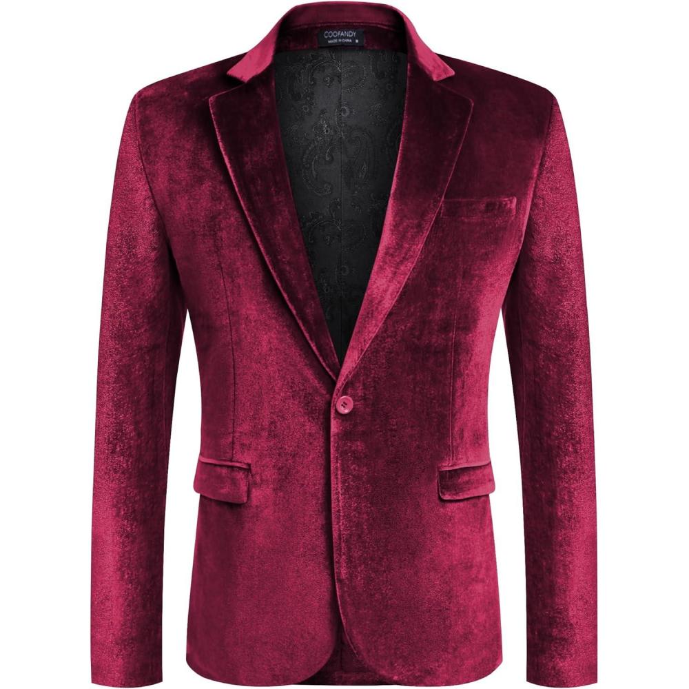 imageCOOFANDY Mens Velvet Blazer Notched Lapel Velour Suit Jacket One Button Tuxedo Jackets for Wedding Prom Party DinnerDark Red