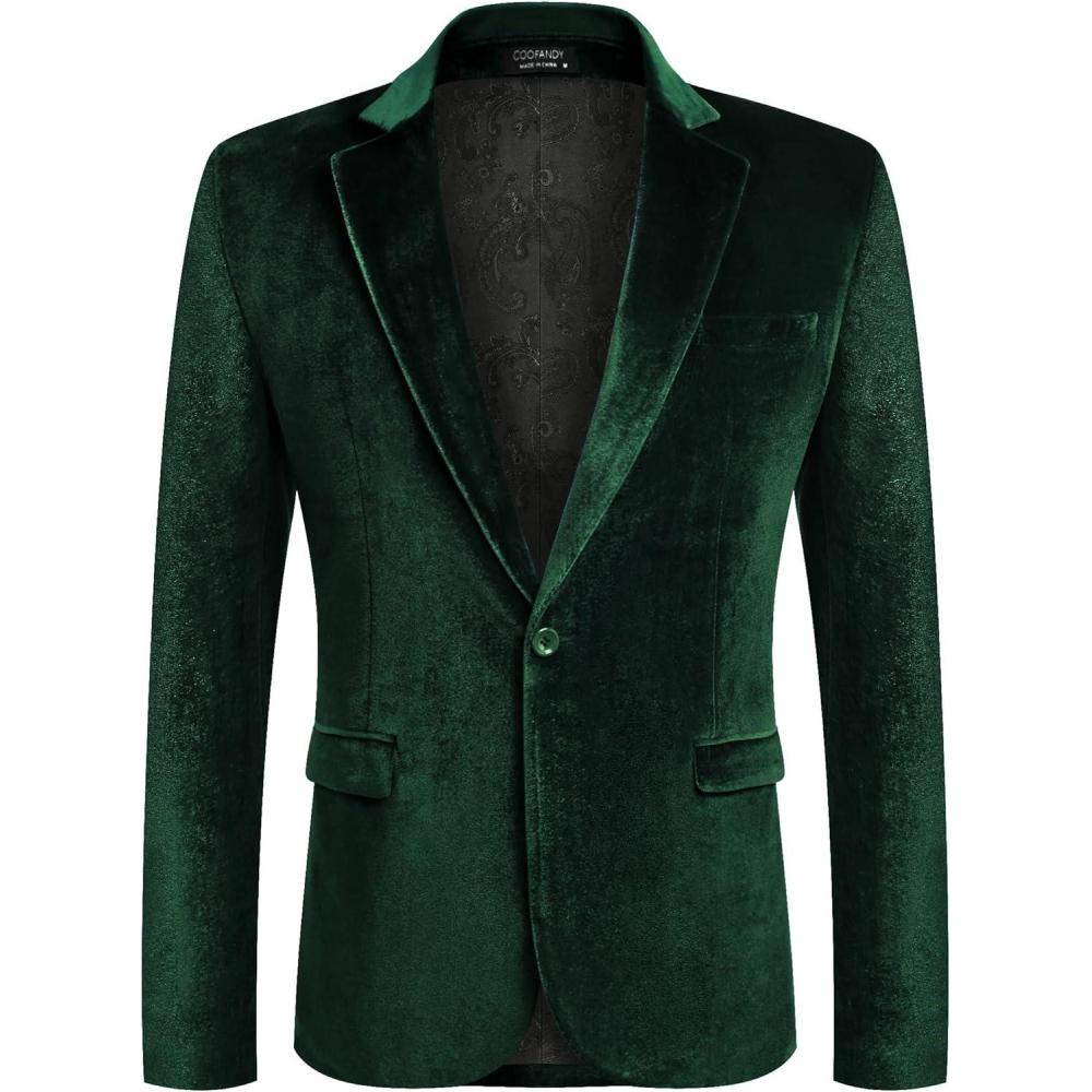 imageCOOFANDY Mens Velvet Blazer Notched Lapel Velour Suit Jacket One Button Tuxedo Jackets for Wedding Prom Party DinnerGreen