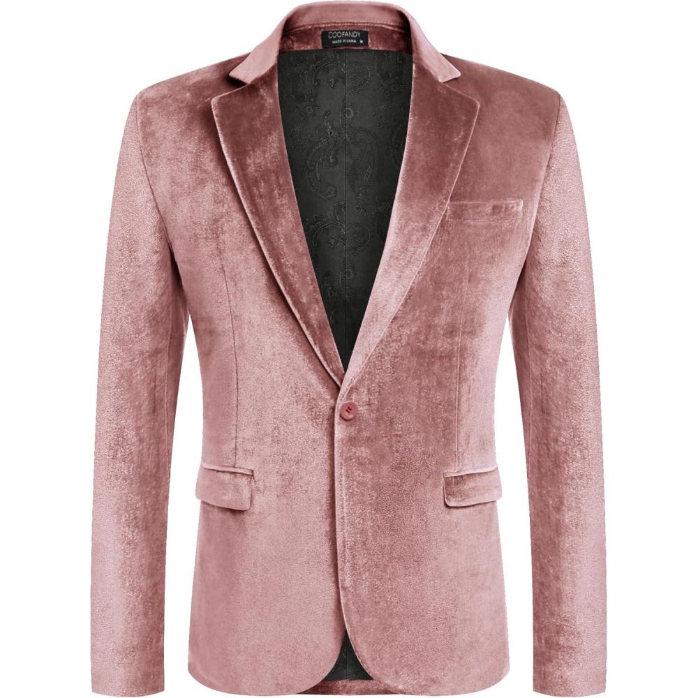 imageCOOFANDY Mens Velvet Blazer Notched Lapel Velour Suit Jacket One Button Tuxedo Jackets for Wedding Prom Party DinnerPink
