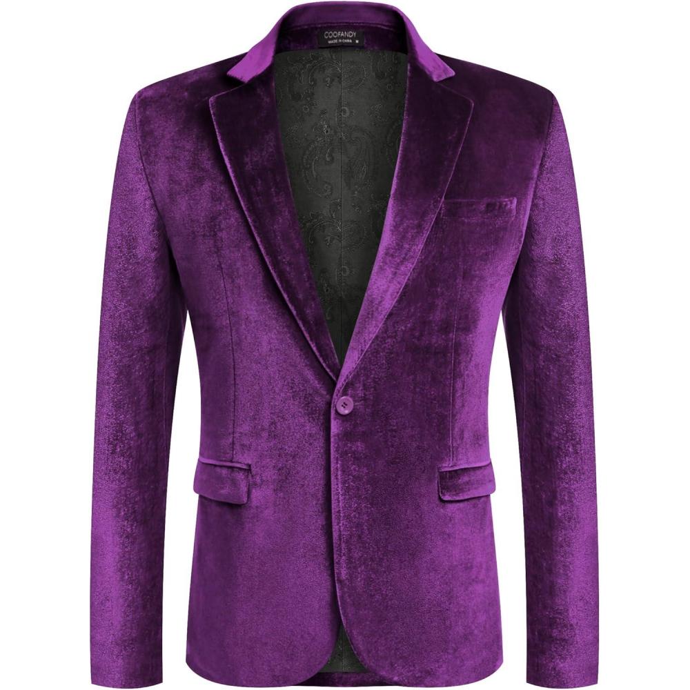 imageCOOFANDY Mens Velvet Blazer Notched Lapel Velour Suit Jacket One Button Tuxedo Jackets for Wedding Prom Party DinnerPurple