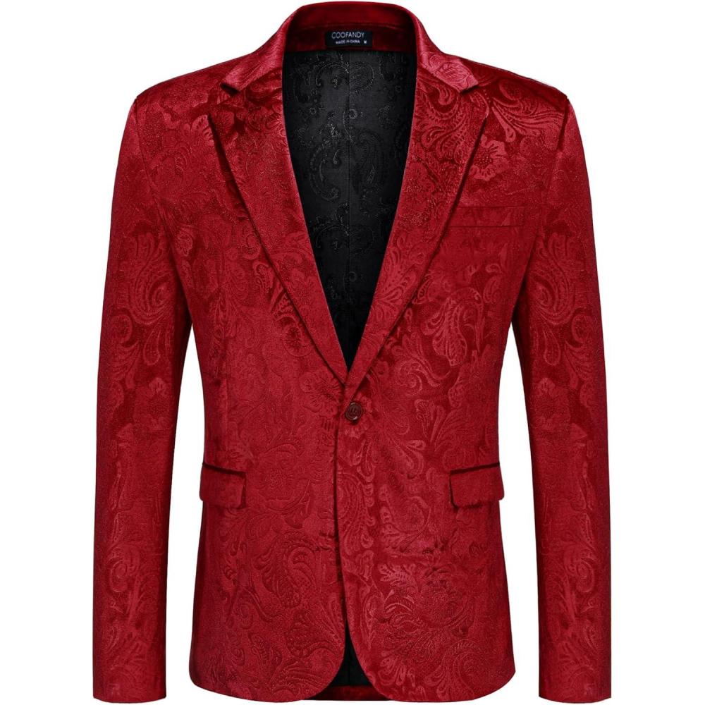 imageCOOFANDY Mens Velvet Blazer Notched Lapel Velour Suit Jacket One Button Tuxedo Jackets for Wedding Prom Party DinnerRed Floral