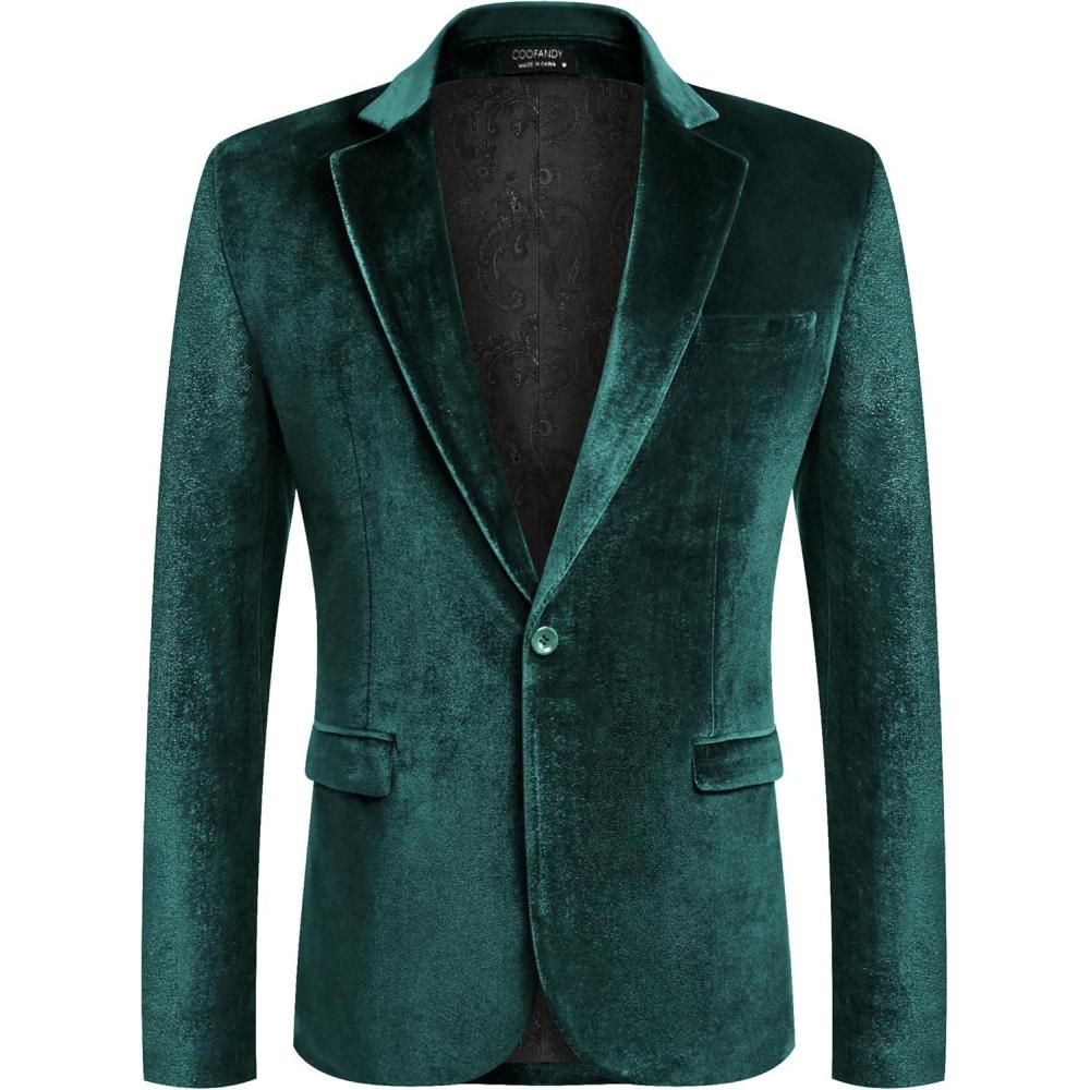imageCOOFANDY Mens Velvet Blazer Notched Lapel Velour Suit Jacket One Button Tuxedo Jackets for Wedding Prom Party DinnerTeal Green