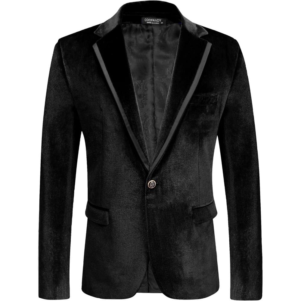 imageCOOFANDY Mens Velvet Blazer One Button Velour Tuxedo Jacket Notched Lapel Suit Jackets for Prom Wedding Party DinnerBlack
