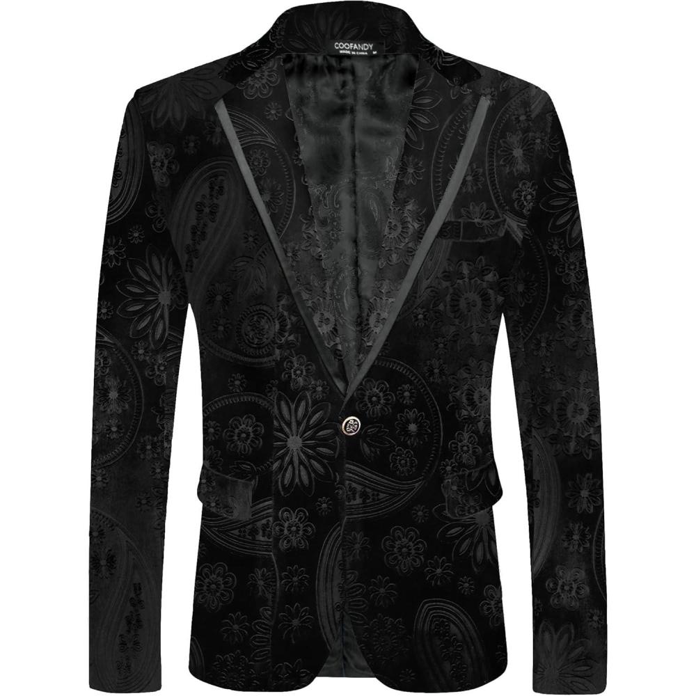 imageCOOFANDY Mens Velvet Blazer One Button Velour Tuxedo Jacket Notched Lapel Suit Jackets for Prom Wedding Party DinnerBlack Paisley