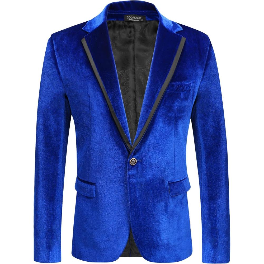 imageCOOFANDY Mens Velvet Blazer One Button Velour Tuxedo Jacket Notched Lapel Suit Jackets for Prom Wedding Party DinnerBlue