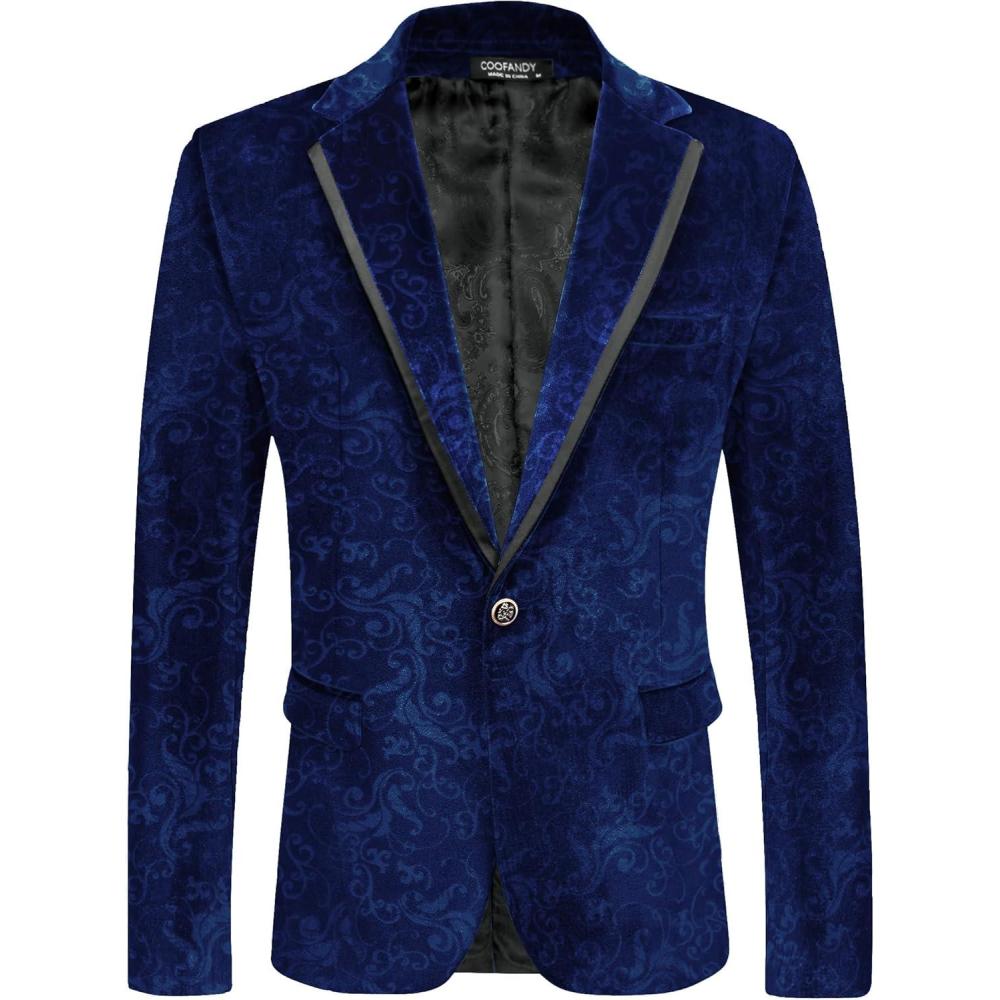 imageCOOFANDY Mens Velvet Blazer One Button Velour Tuxedo Jacket Notched Lapel Suit Jackets for Prom Wedding Party DinnerBlue Retro Floral