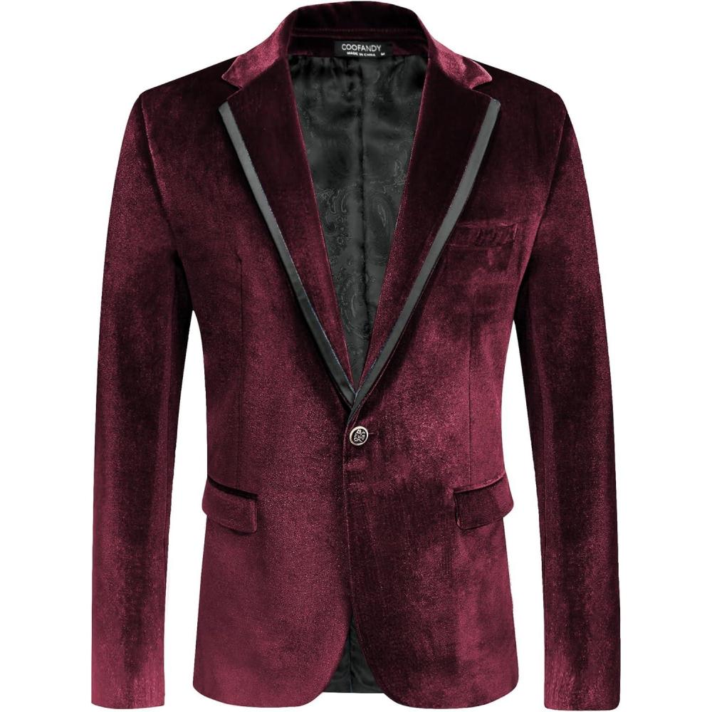 imageCOOFANDY Mens Velvet Blazer One Button Velour Tuxedo Jacket Notched Lapel Suit Jackets for Prom Wedding Party DinnerBurgundy