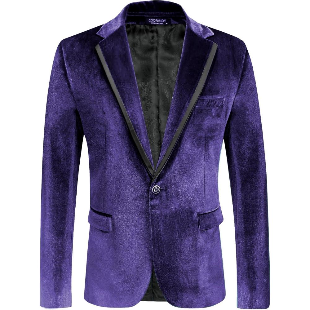 imageCOOFANDY Mens Velvet Blazer One Button Velour Tuxedo Jacket Notched Lapel Suit Jackets for Prom Wedding Party DinnerDark Purple