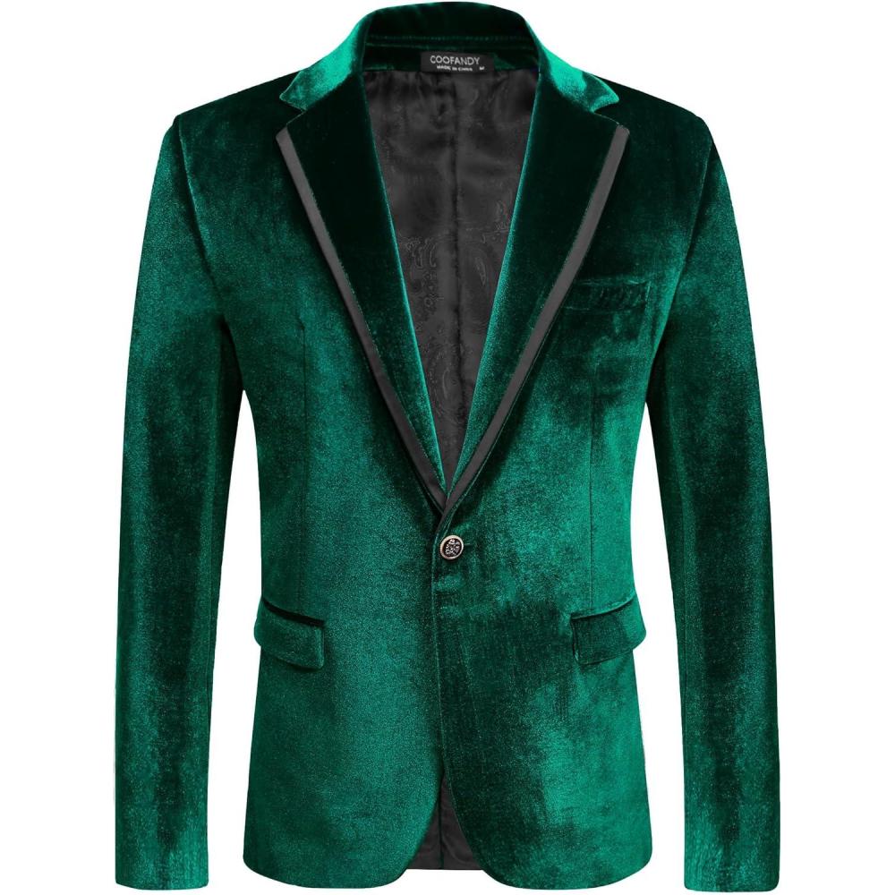 imageCOOFANDY Mens Velvet Blazer One Button Velour Tuxedo Jacket Notched Lapel Suit Jackets for Prom Wedding Party DinnerGreen