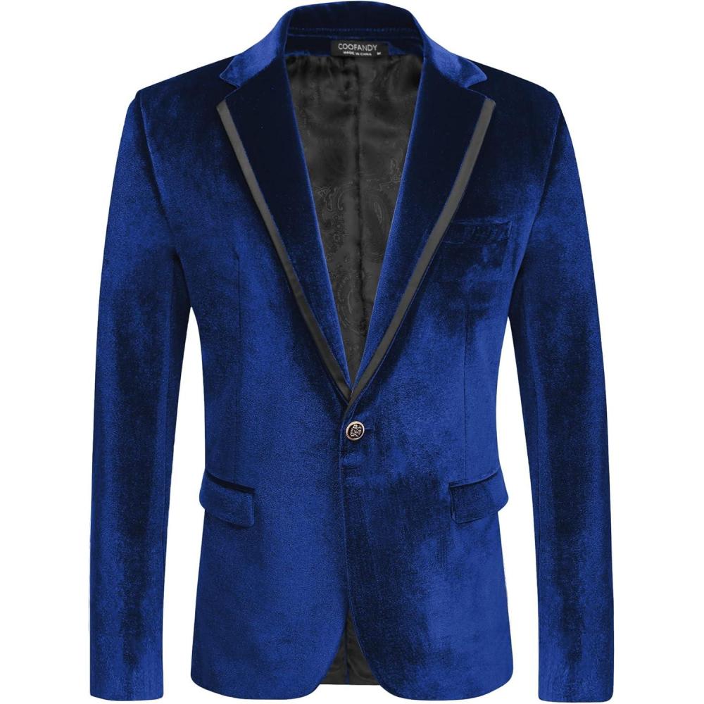 imageCOOFANDY Mens Velvet Blazer One Button Velour Tuxedo Jacket Notched Lapel Suit Jackets for Prom Wedding Party DinnerNavy Blue
