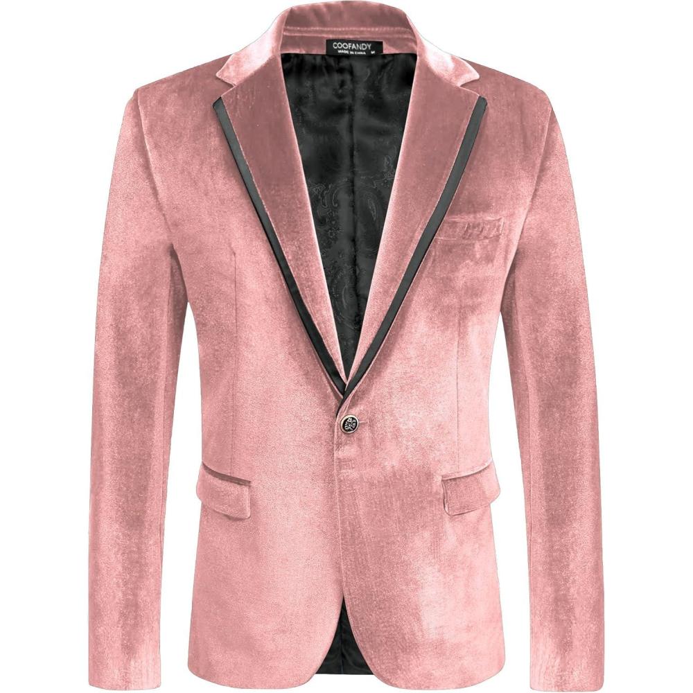 imageCOOFANDY Mens Velvet Blazer One Button Velour Tuxedo Jacket Notched Lapel Suit Jackets for Prom Wedding Party DinnerPink