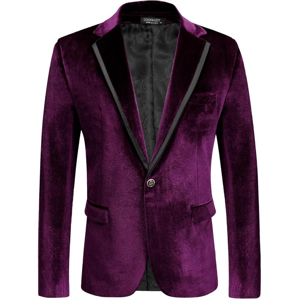 imageCOOFANDY Mens Velvet Blazer One Button Velour Tuxedo Jacket Notched Lapel Suit Jackets for Prom Wedding Party DinnerPurple