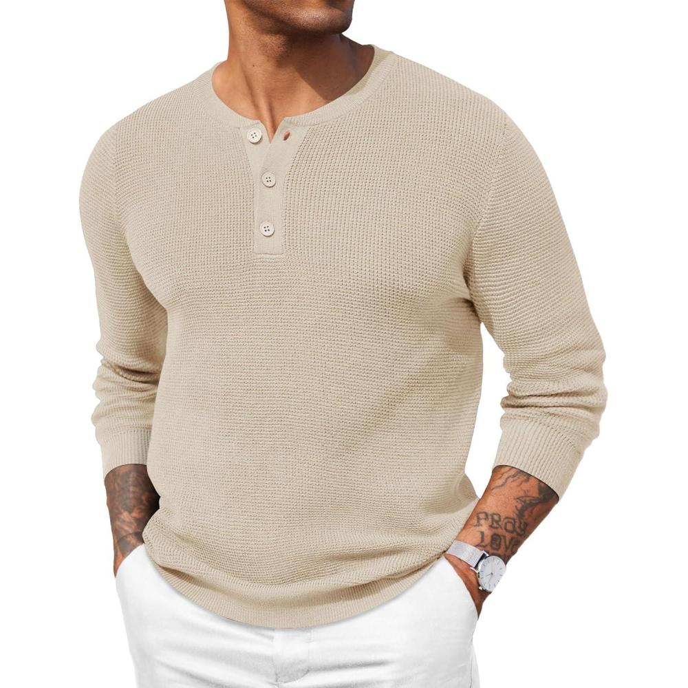 imageCOOFANDY Mens Waffle Henley Shirts Crewneck Lightweight Sweater Long Sleeve Causal Knitted Pullover T ShirtBeige