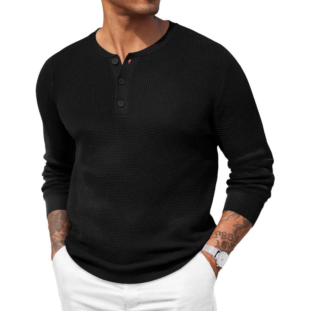 imageCOOFANDY Mens Waffle Henley Shirts Crewneck Lightweight Sweater Long Sleeve Causal Knitted Pullover T ShirtBlack