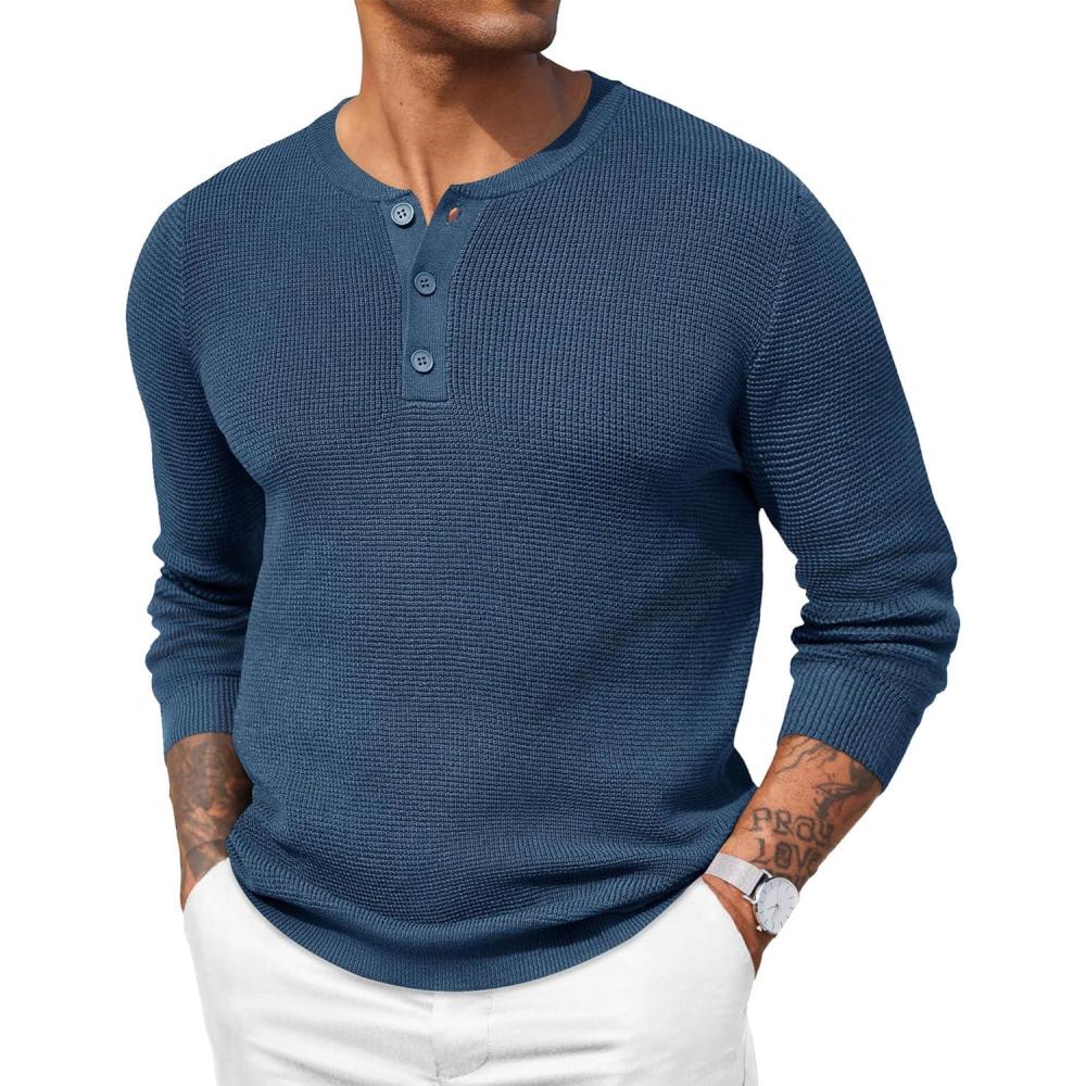 imageCOOFANDY Mens Waffle Henley Shirts Crewneck Lightweight Sweater Long Sleeve Causal Knitted Pullover T ShirtDark Blue