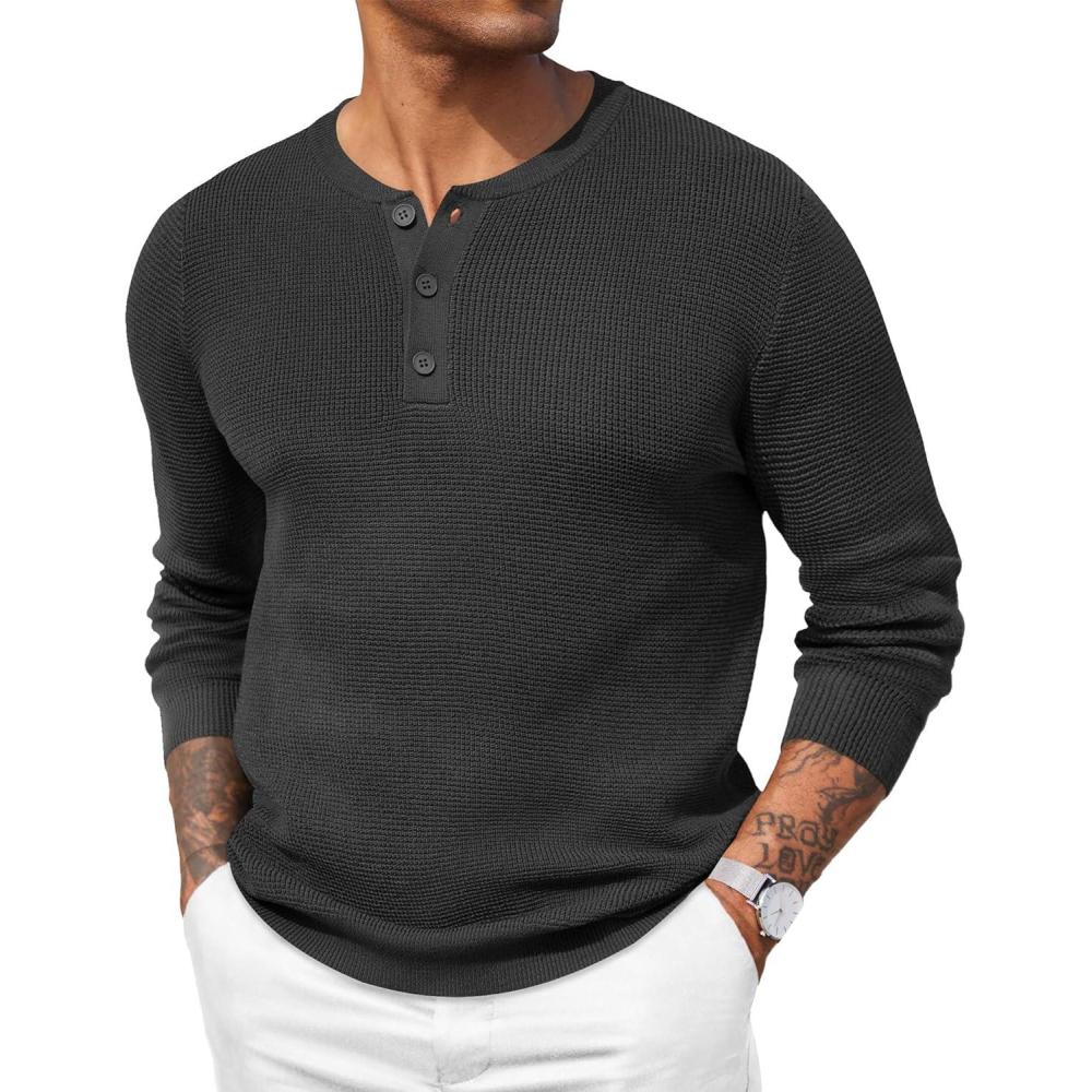 imageCOOFANDY Mens Waffle Henley Shirts Crewneck Lightweight Sweater Long Sleeve Causal Knitted Pullover T ShirtDark Grey
