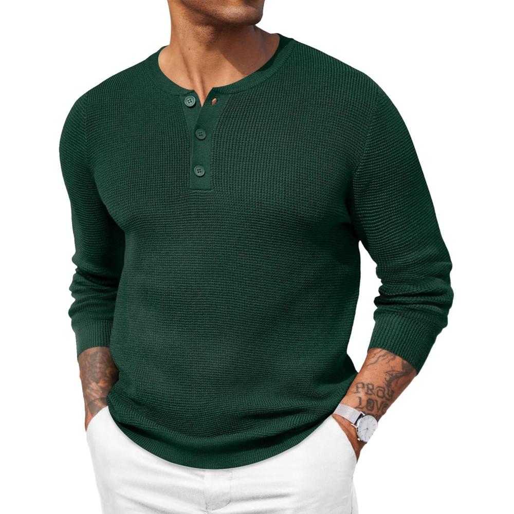 imageCOOFANDY Mens Waffle Henley Shirts Crewneck Lightweight Sweater Long Sleeve Causal Knitted Pullover T ShirtGreen