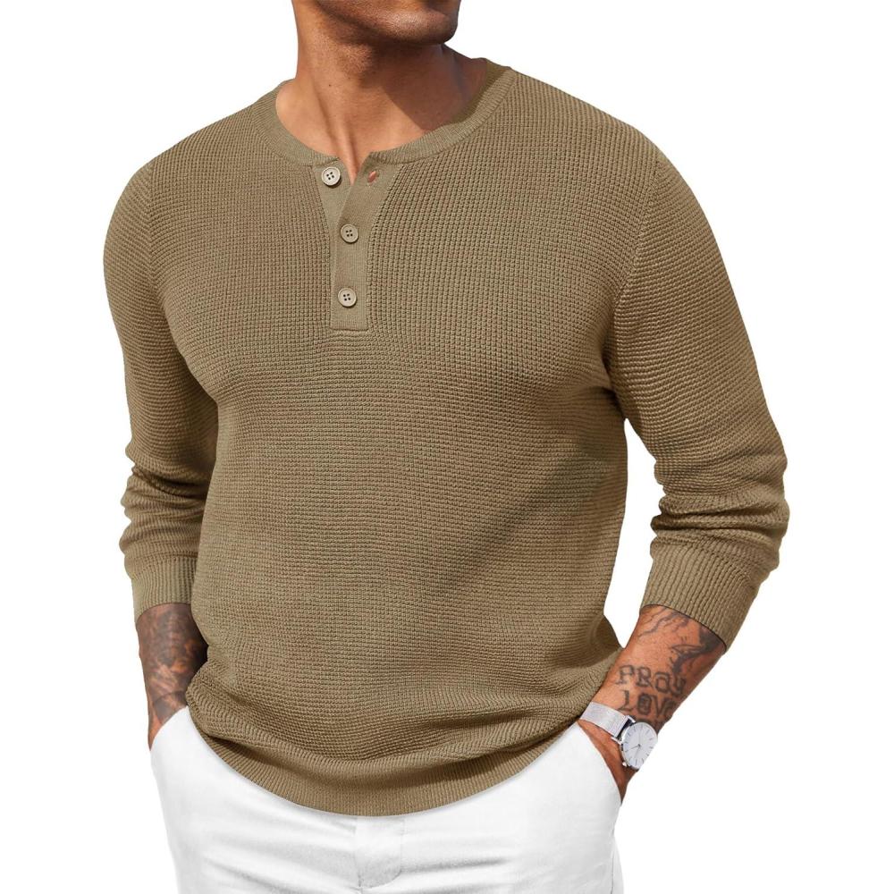 imageCOOFANDY Mens Waffle Henley Shirts Crewneck Lightweight Sweater Long Sleeve Causal Knitted Pullover T ShirtKhaki