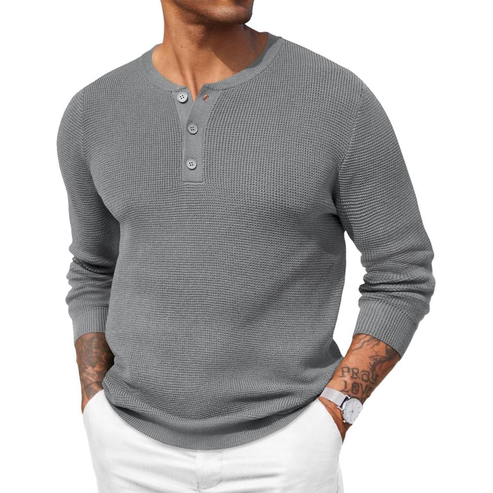 imageCOOFANDY Mens Waffle Henley Shirts Crewneck Lightweight Sweater Long Sleeve Causal Knitted Pullover T ShirtLight Grey