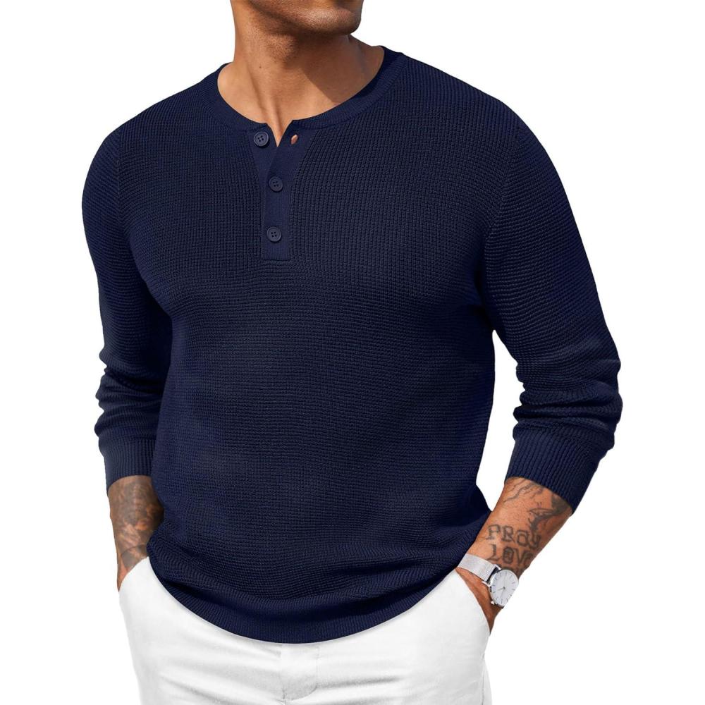 imageCOOFANDY Mens Waffle Henley Shirts Crewneck Lightweight Sweater Long Sleeve Causal Knitted Pullover T ShirtNavy