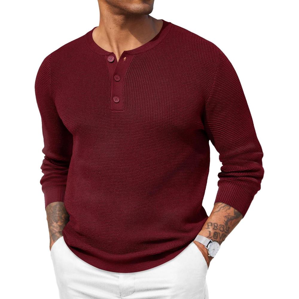 imageCOOFANDY Mens Waffle Henley Shirts Crewneck Lightweight Sweater Long Sleeve Causal Knitted Pullover T ShirtWine