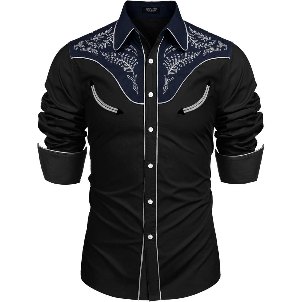 imageCOOFANDY Mens Western Cowboy Shirt Embroidered Button Down Long Sleeve ShirtsCotton Black