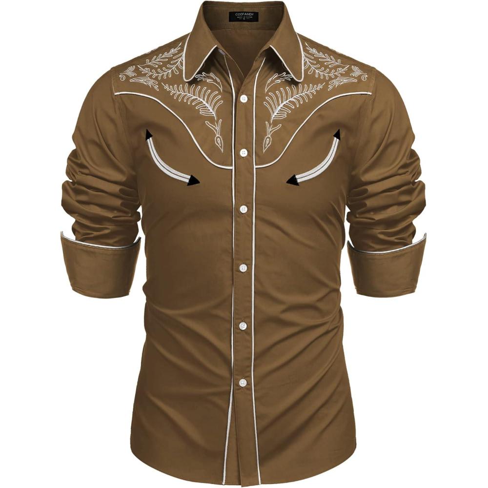 imageCOOFANDY Mens Western Cowboy Shirt Embroidered Button Down Long Sleeve ShirtsCotton  Brown