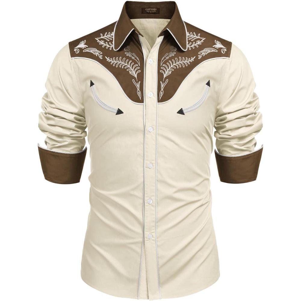 imageCOOFANDY Mens Western Cowboy Shirt Embroidered Button Down Long Sleeve ShirtsCotton  Creamy White
