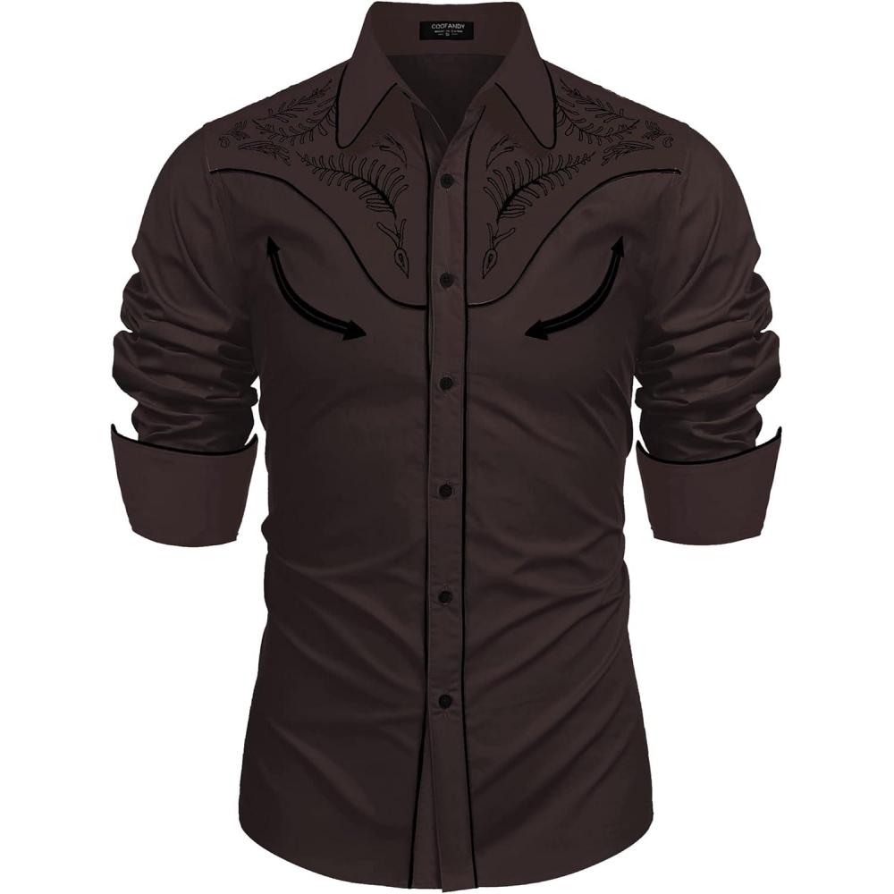 imageCOOFANDY Mens Western Cowboy Shirt Embroidered Button Down Long Sleeve ShirtsCotton  Dark Brown