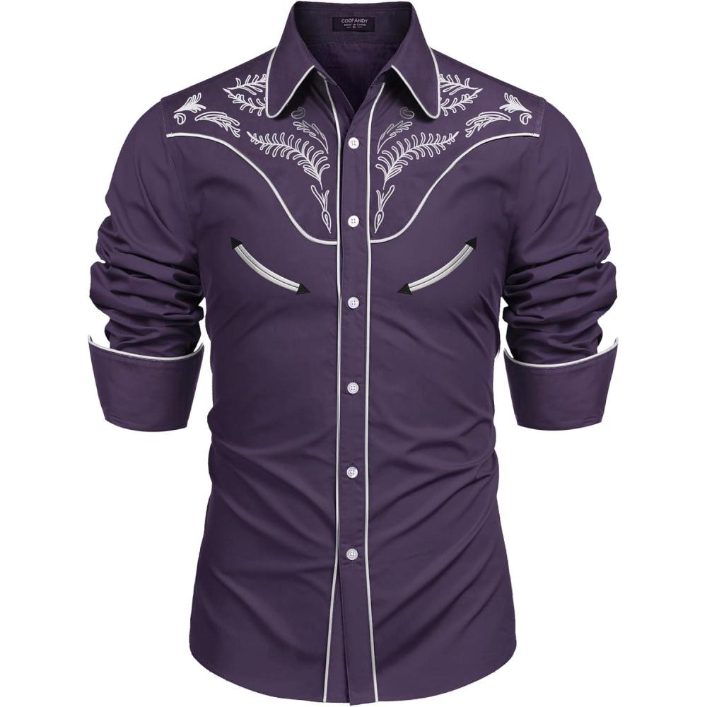 imageCOOFANDY Mens Western Cowboy Shirt Embroidered Button Down Long Sleeve ShirtsCotton  Dark Purple