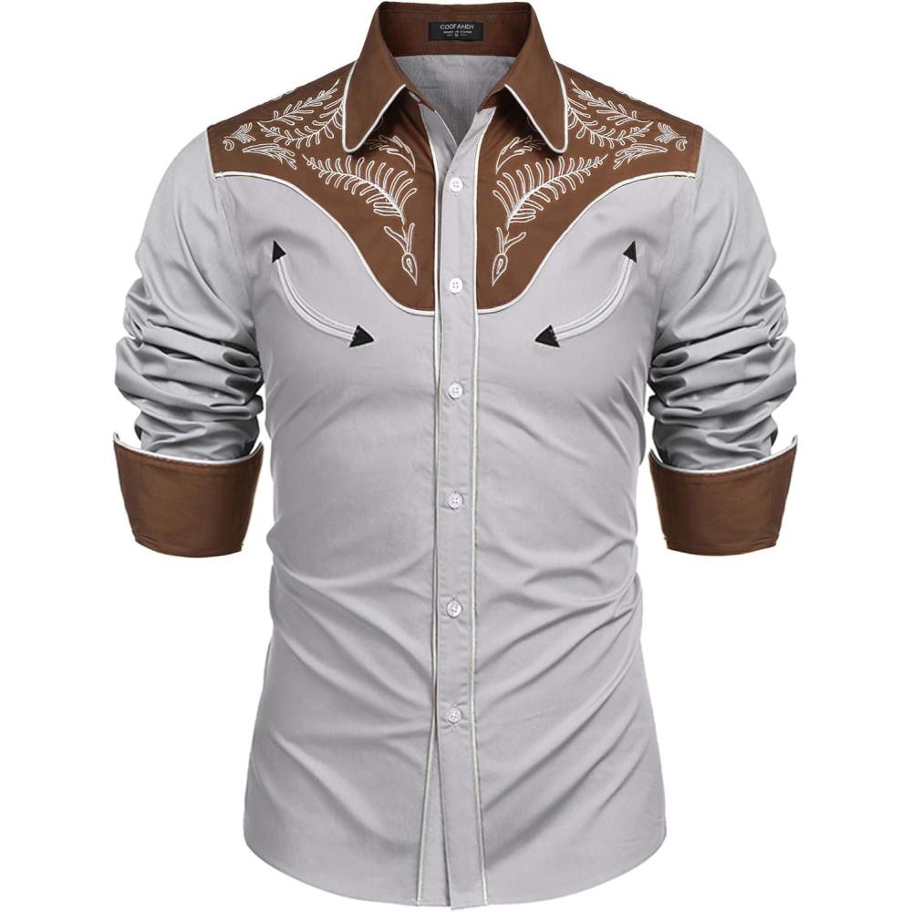 imageCOOFANDY Mens Western Cowboy Shirt Embroidered Button Down Long Sleeve ShirtsCotton  Grey