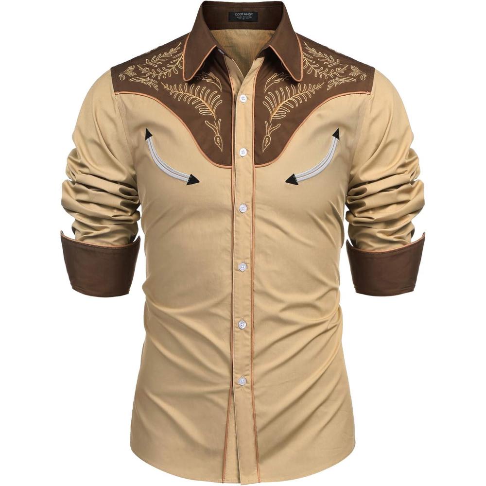 imageCOOFANDY Mens Western Cowboy Shirt Embroidered Button Down Long Sleeve ShirtsCotton  Khaki