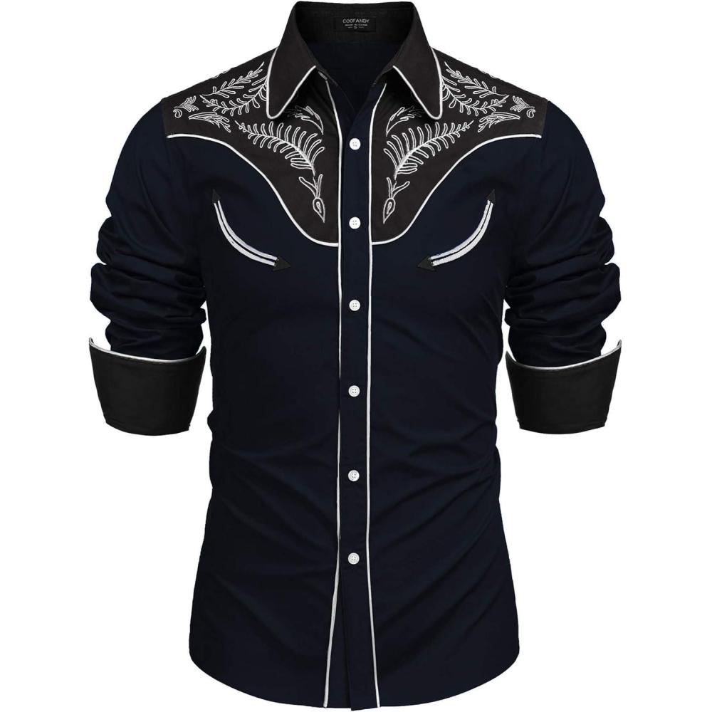 imageCOOFANDY Mens Western Cowboy Shirt Embroidered Button Down Long Sleeve ShirtsCotton  Navy Blue