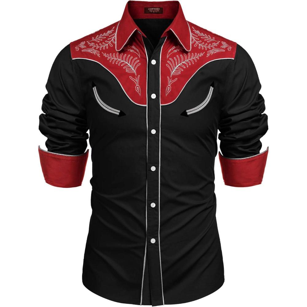 imageCOOFANDY Mens Western Cowboy Shirt Embroidered Button Down Long Sleeve ShirtsCotton  Red  Black