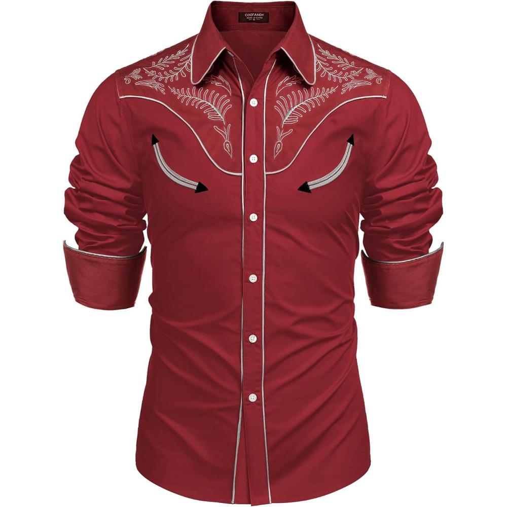 imageCOOFANDY Mens Western Cowboy Shirt Embroidered Button Down Long Sleeve ShirtsCotton  Red2