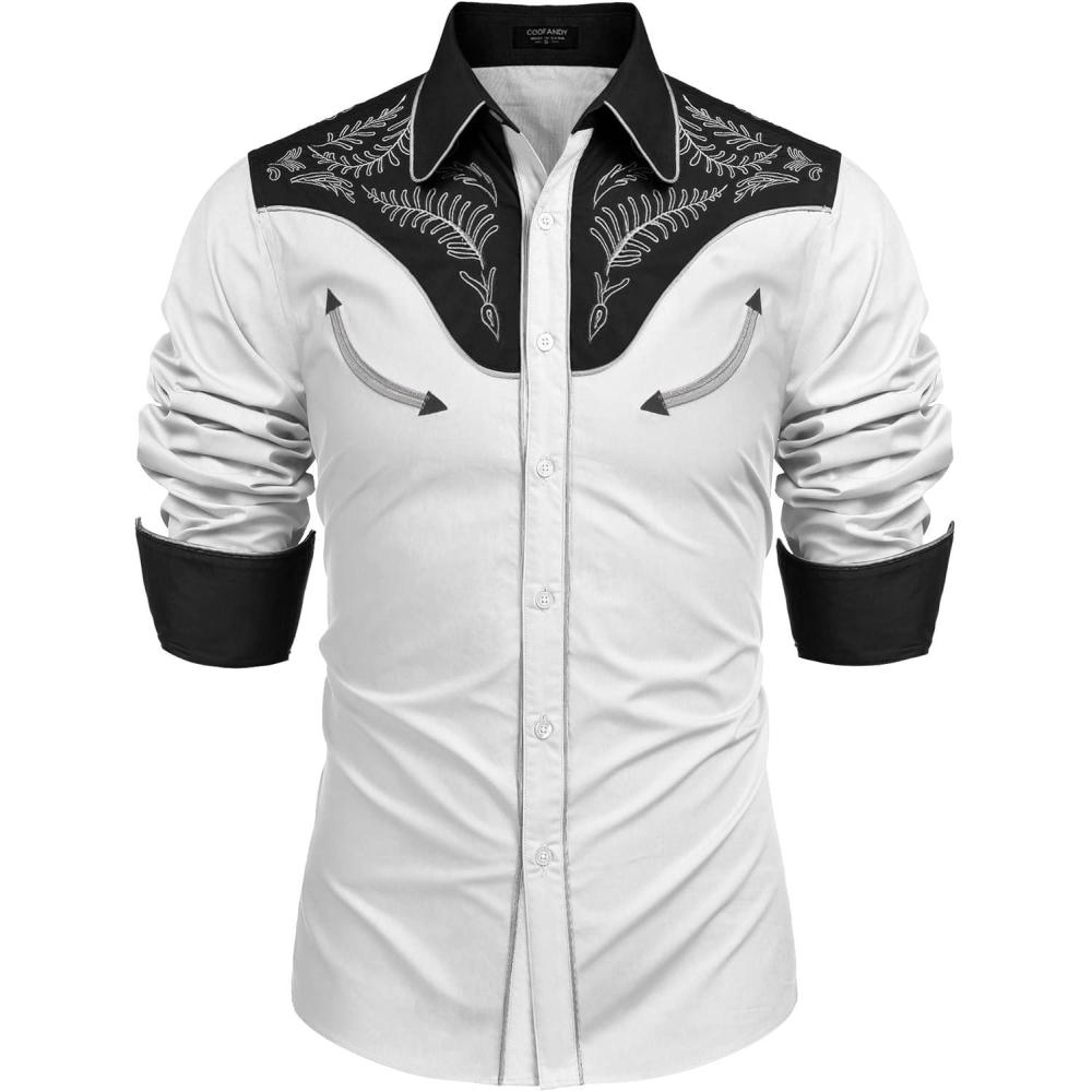 imageCOOFANDY Mens Western Cowboy Shirt Embroidered Button Down Long Sleeve ShirtsCotton  White